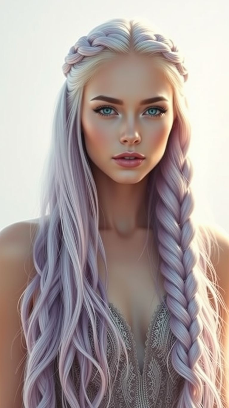 Elevate your hairstyle with silvery lavender braids! A dreamy blend of soft shimmer and delicate hues for a look that’s pure enchantment.
