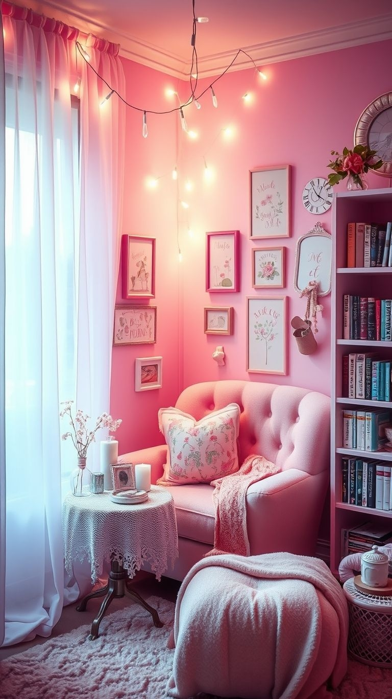 Pink Aesthetic That Instantly Inspires Joy | Pocoko Turn any corner into a peaceful pink paradise with a sitting area designed for comfort and style. Soft pink cushions, gentle lighting, and a cozy throw blanket will have you lounging in style all day long.
