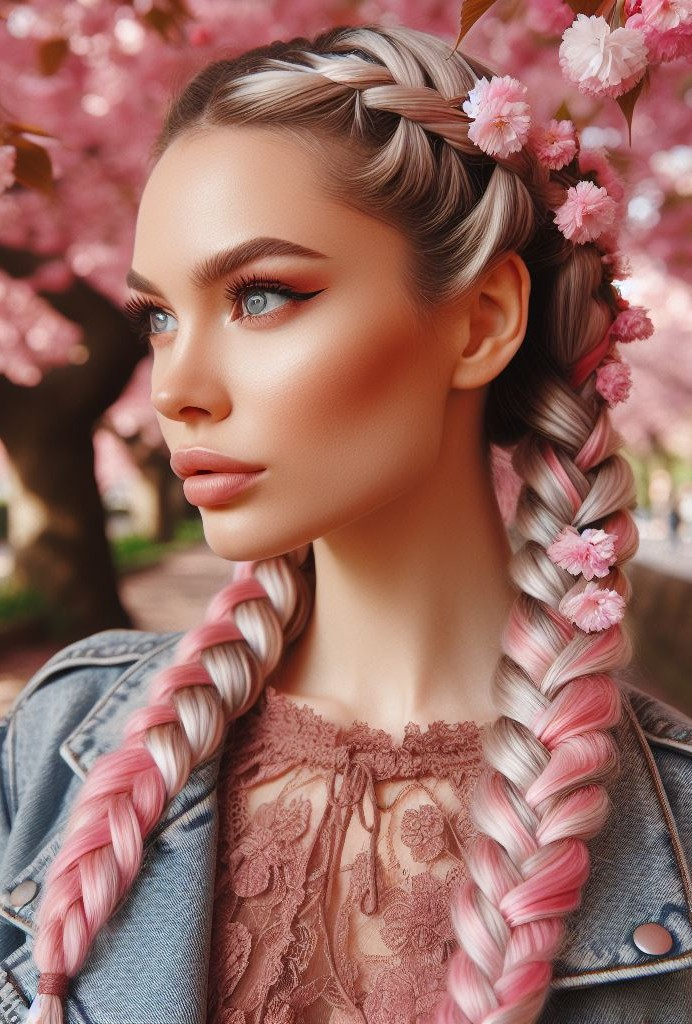 Why pick one color when you can have three? Strawberry pink, brown, and silver braids create a dazzling combination that’s playful and sophisticated.