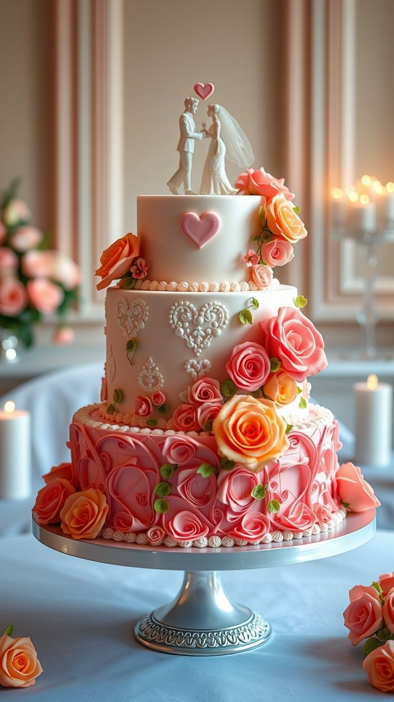 Pure elegance! A white wedding cake adorned with peach roses is the perfect blend of sophistication and romance.