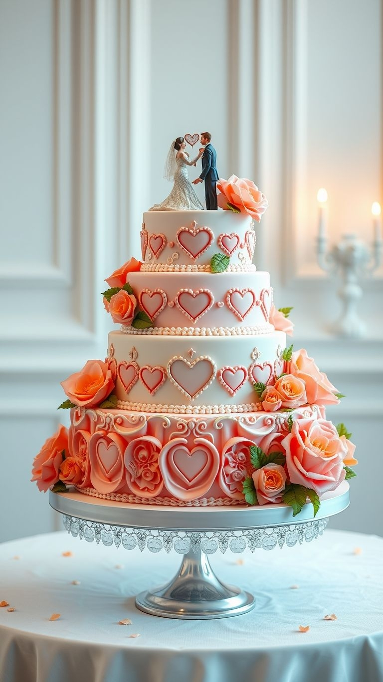Dreamy and delightful! White cakes with peach roses bring a fresh twist to classic wedding elegance.
