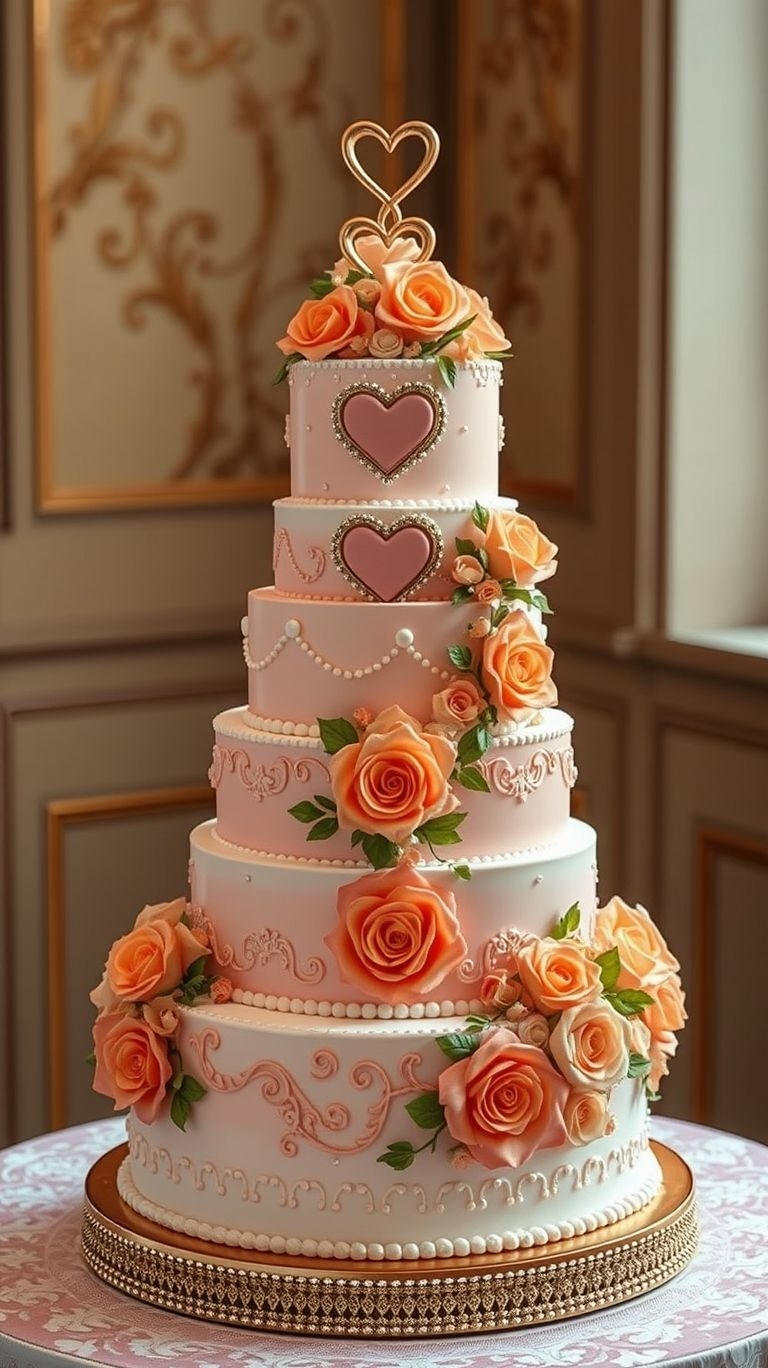 Celebrate love with a timeless touch! White cakes with peach roses radiate charm and grace for your special day.