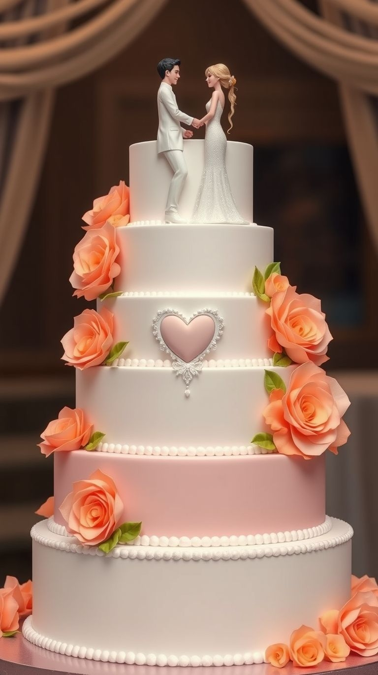 Timeless elegance meets gentle hues! White cakes with peach roses are the perfect centerpiece for your love story.