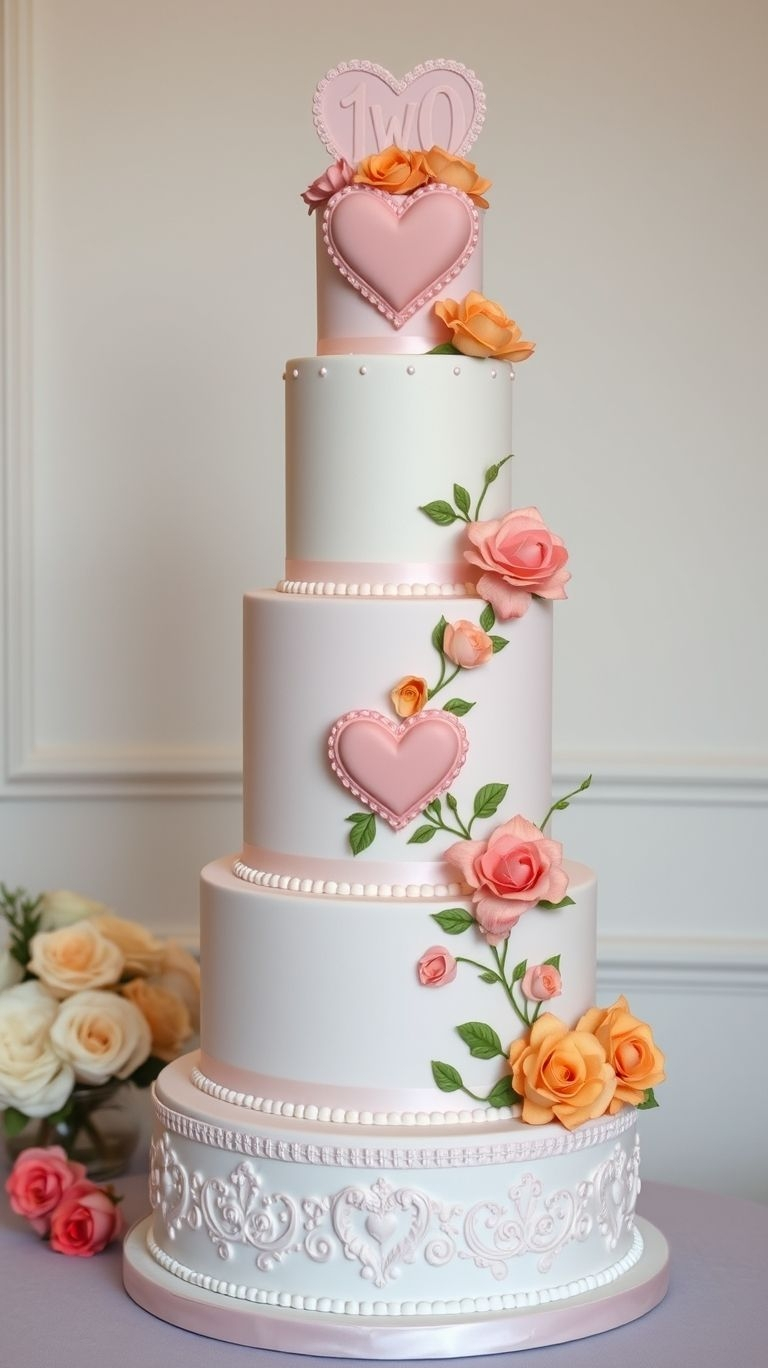 A delicate combination of white and peach creates a wedding cake that’s as charming as your union.