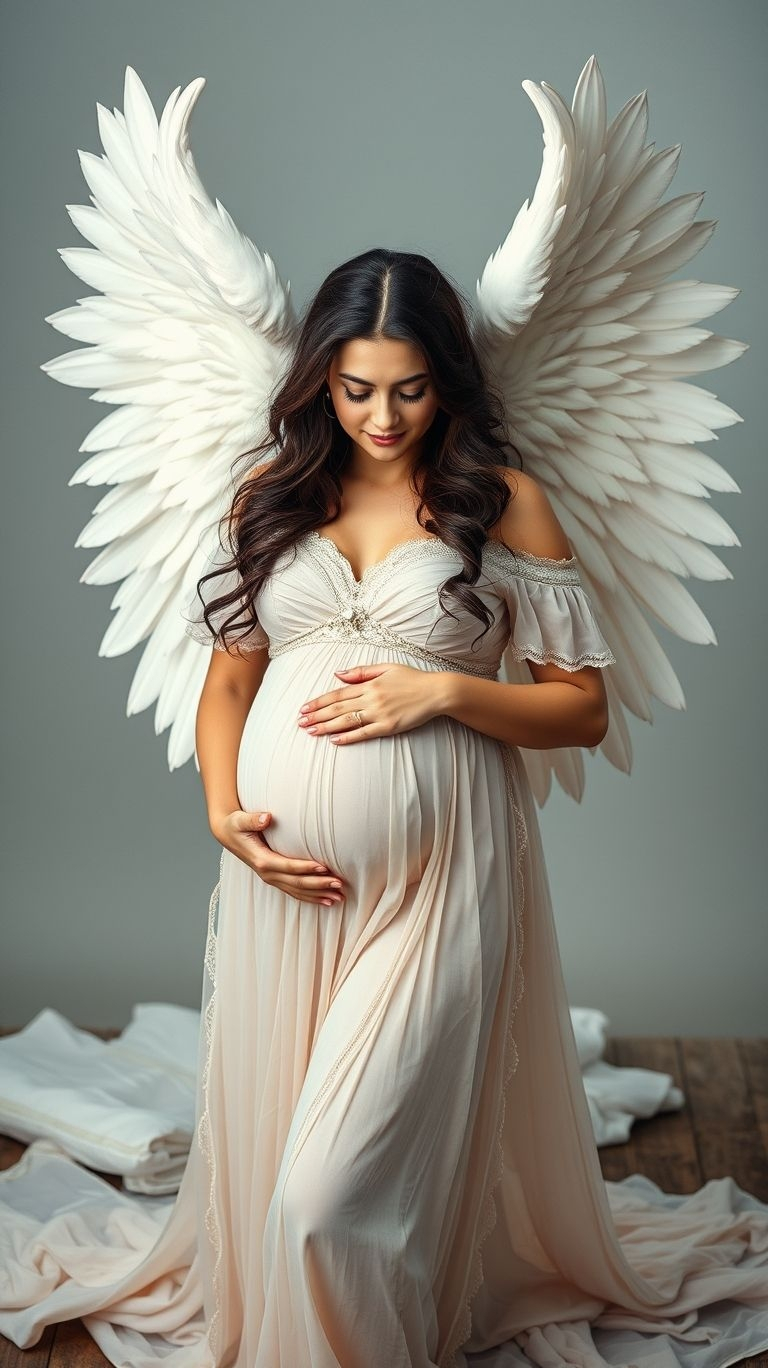 Elevate your maternity photoshoot with a touch of fantasy! Angel wings add drama and beauty, making every shot magical.