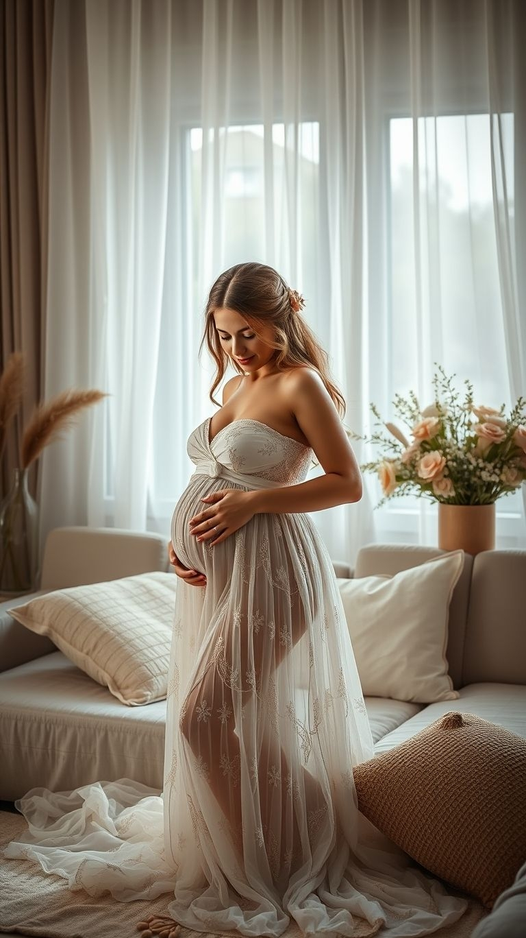 Timeless and graceful—indoor pregnancy photos in white outfits capture purity and elegance. It’s a classic look that never goes out of style!