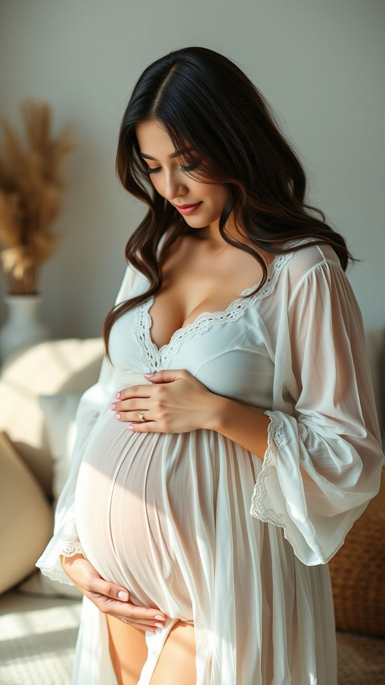 Simple, stunning, and oh-so-chic! White-themed indoor poses let your pregnancy glow take center stage with effortless elegance.