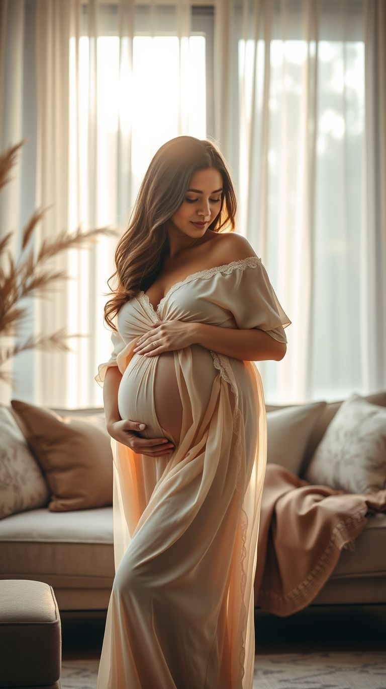 Sometimes less is more. Embrace the beauty of simplicity with indoor pregnancy shots in whites—it’s all about your glow!