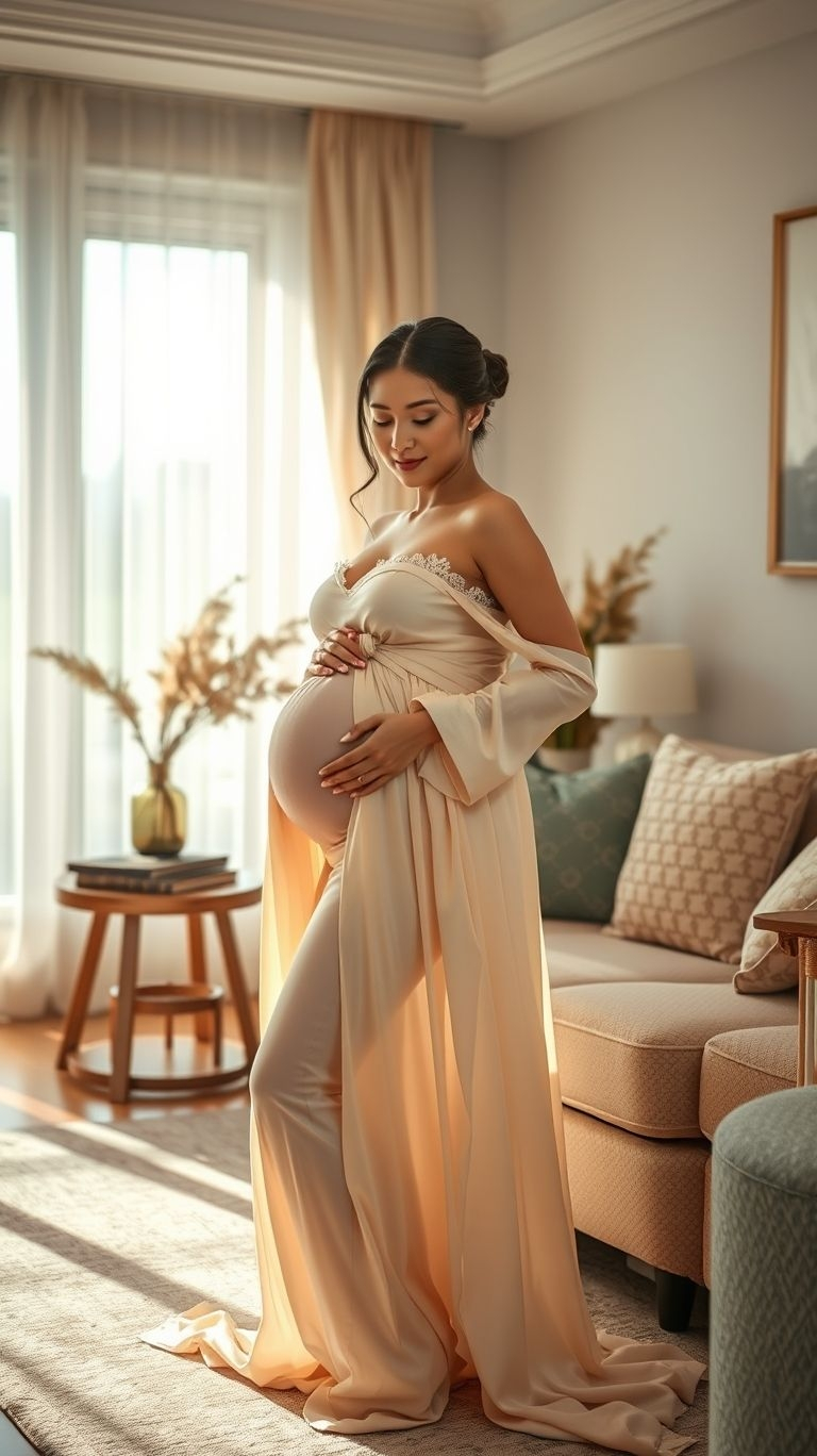 Soft light, flowing whites, and serene poses—indoor pregnancy shoots don’t get more timeless than this.