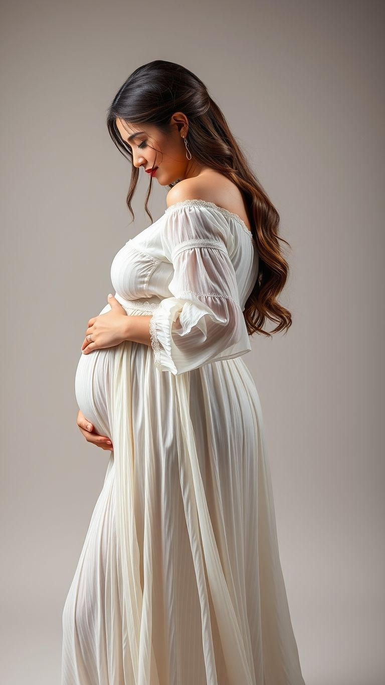 Dreamy, ethereal, and full of grace! Classic white-themed indoor maternity photos capture the beauty of motherhood at its finest.