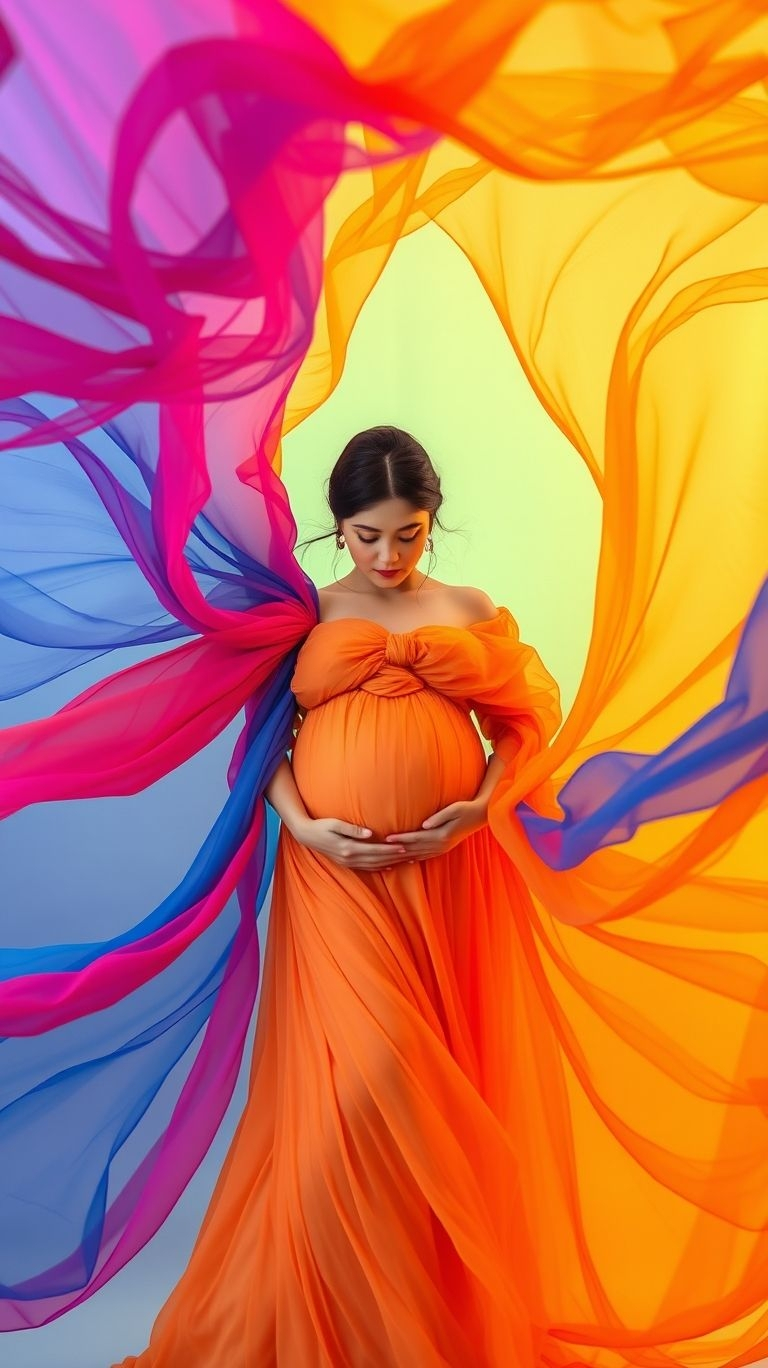 Take your maternity shoot to the next level with floating veils in playful, colorful tones. These photos are bound to dazzle!