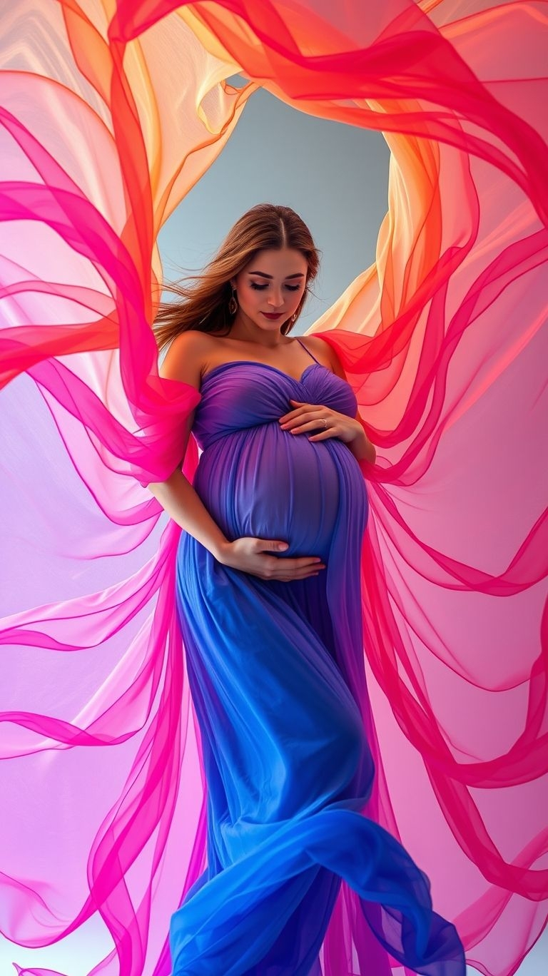 Turn up the charm with flowing veils that seem to dance in the wind. Your pregnancy photos deserve this dazzling splash of color!