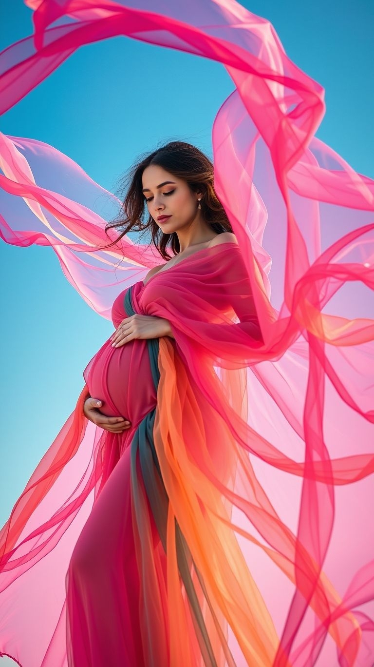 Let your veil steal the spotlight! Colorful, floating fabric transforms maternity photography into a celebration of art and movement.