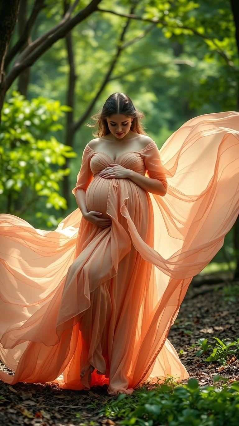 Why settle for simple when you can go bold? A colorful floating veil adds vibrancy and magic to your pregnancy photos, making them truly unforgettable.