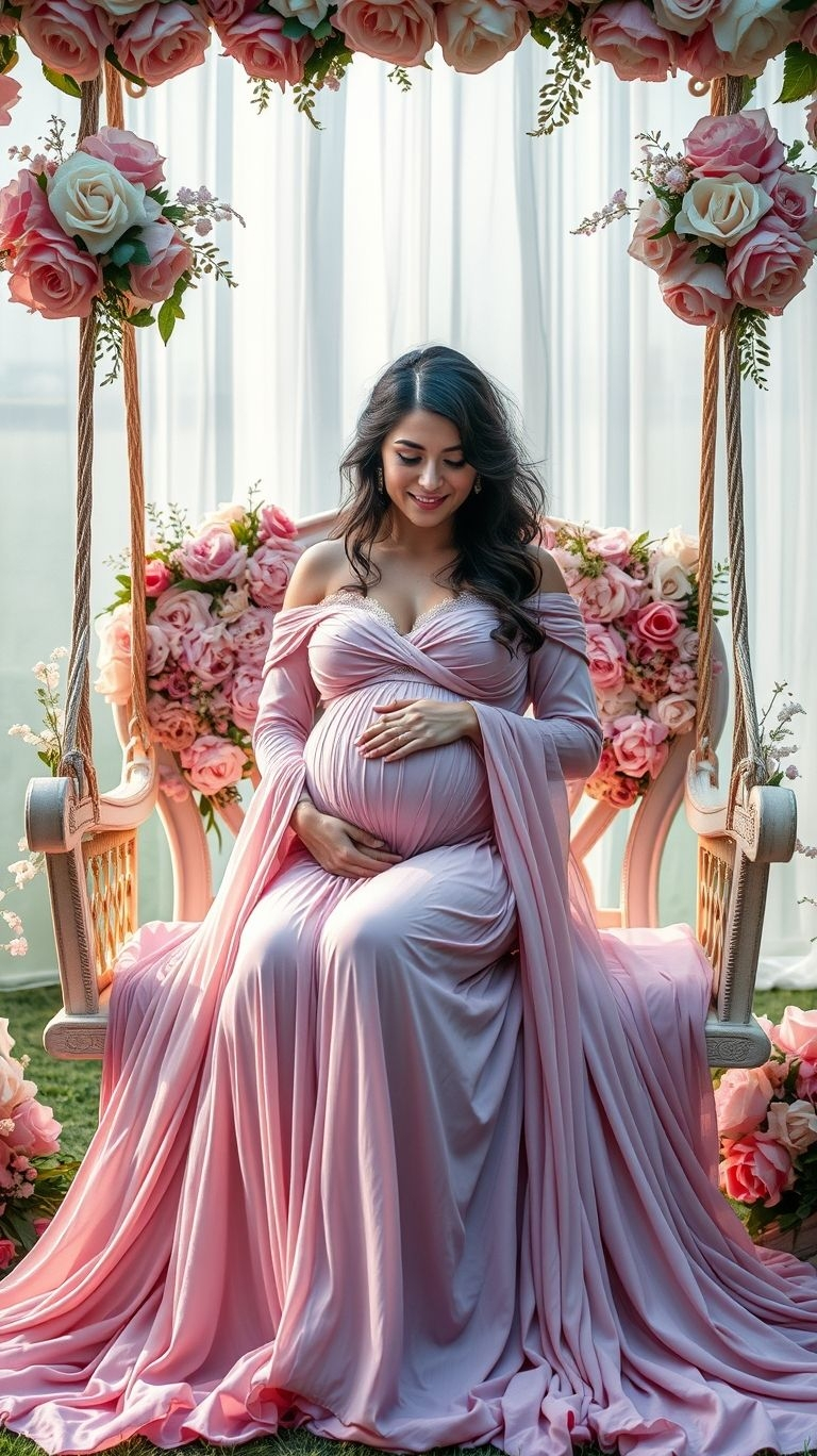 Cradle your pregnancy glow on a dreamy floral swing! This magical setup combines elegance, beauty, and nature for timeless maternity photos.
