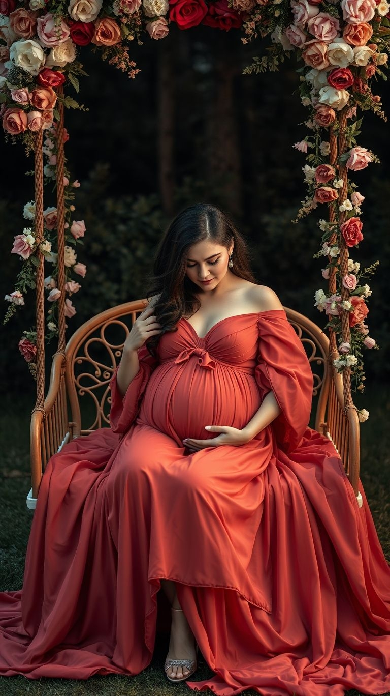 Channel fairytale vibes with a maternity shoot on a floral swing. Graceful, radiant, and utterly unforgettable!