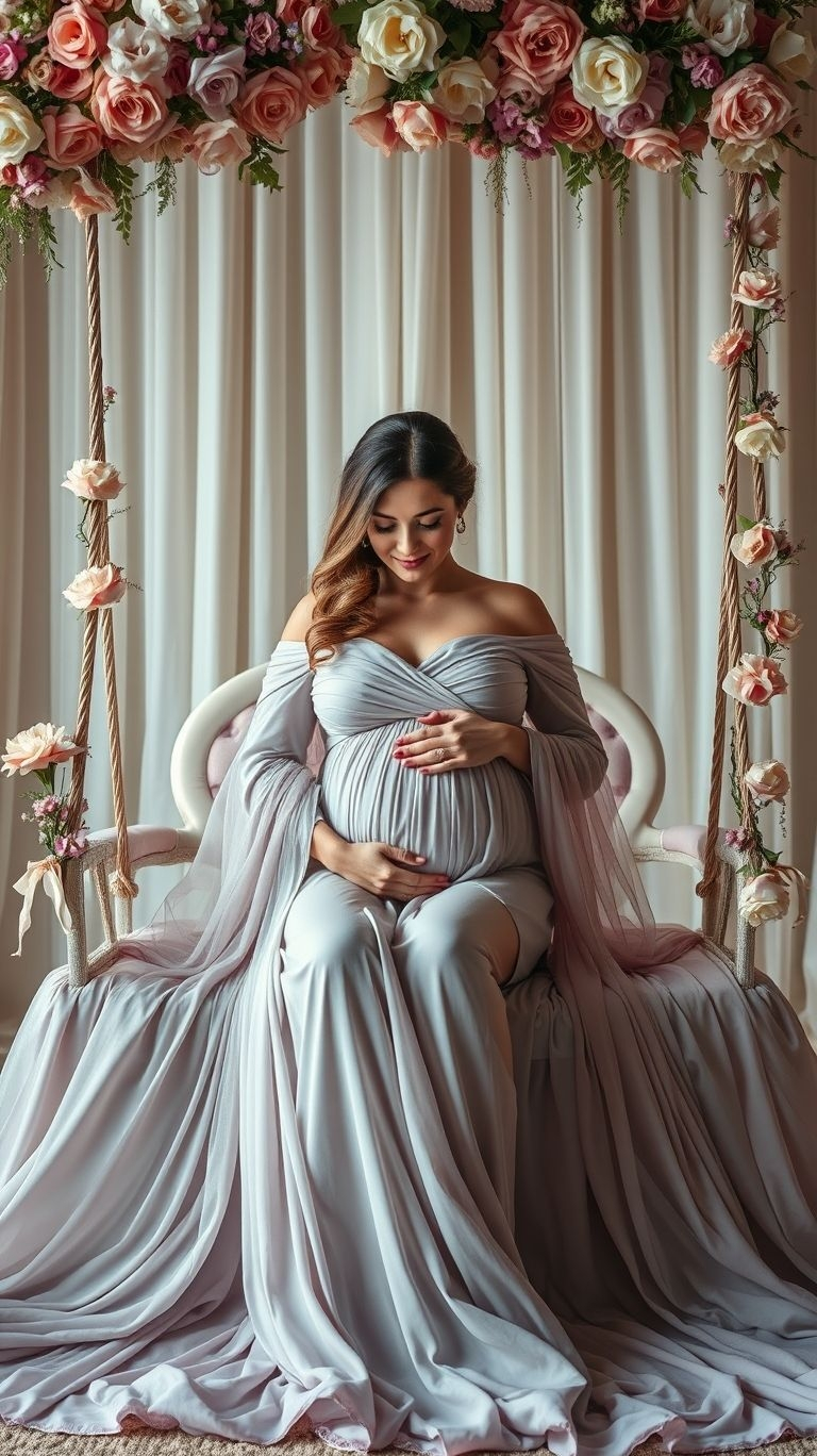 Capture pure bliss and elegance with a floral swing in your pregnancy shoot. It’s the perfect backdrop for your precious glow.