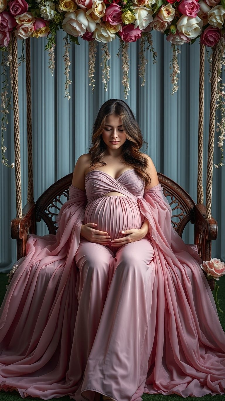 Swing into serenity with maternity photos featuring lush florals. This setup captures the beauty of pregnancy in its most natural form.