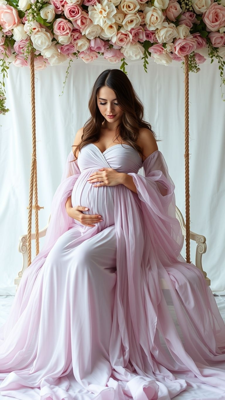 Transform your maternity photos into a blooming masterpiece! A floral swing creates the perfect mix of charm and elegance.