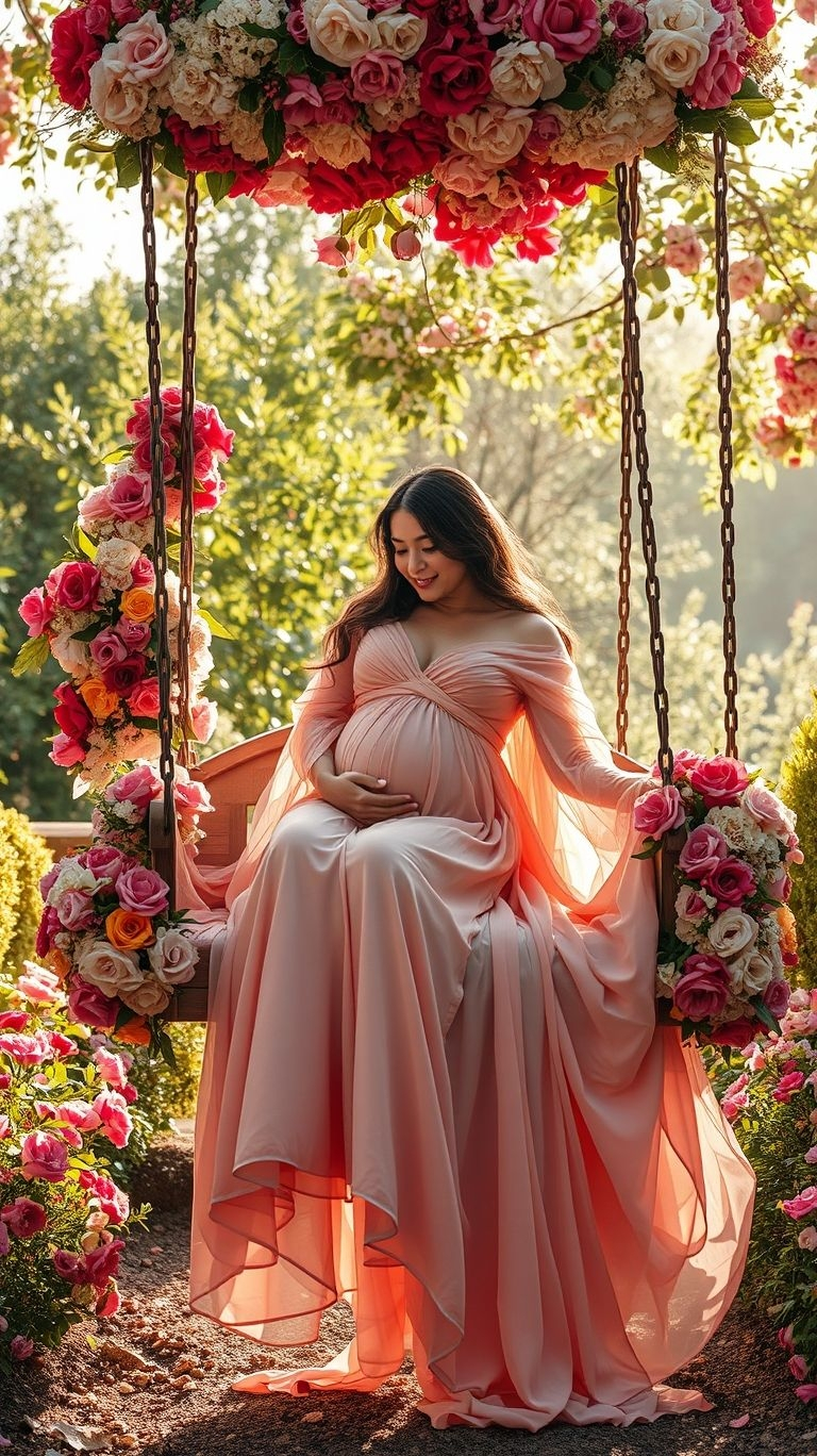 Step into a fairytale moment with a floral swing photoshoot! The perfect way to capture your pregnancy radiance in a whimsical setting.