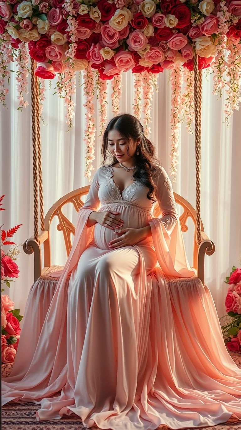 Bloom and glow! A floral swing adds charm and natural beauty to your maternity shoot, making every frame feel like poetry.