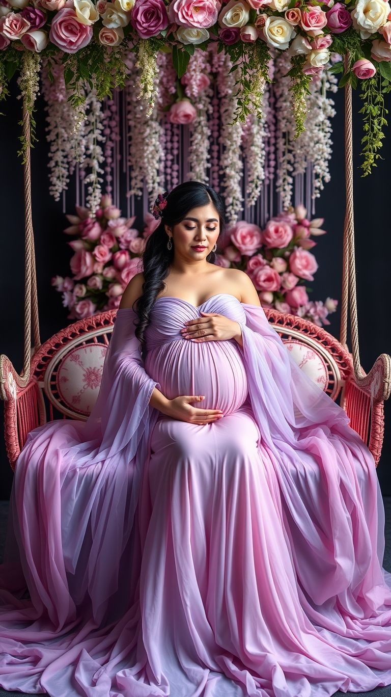 Swing into motherhood with elegance! A floral swing creates a serene, enchanting vibe for pregnancy photos that stand out.