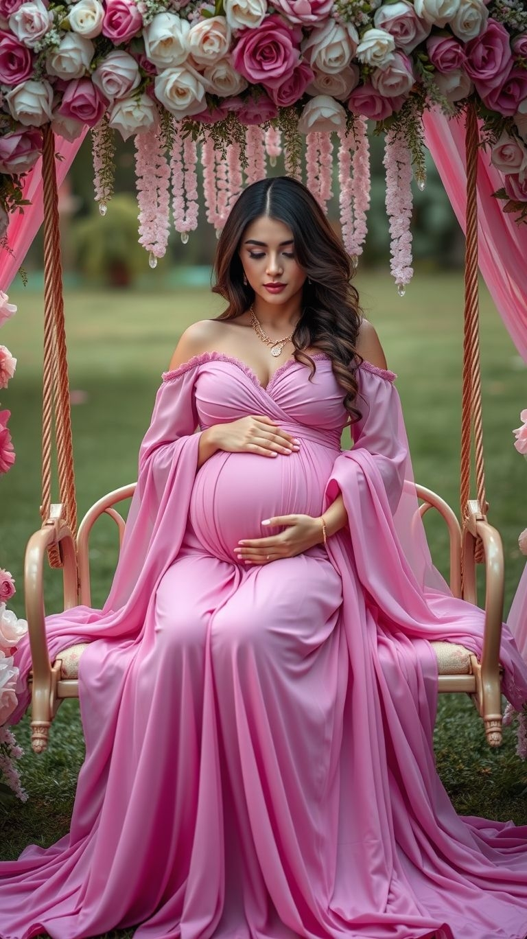 A floral swing sets the stage for pregnancy photos that are equal parts graceful and stunning. Truly a moment to treasure forever.