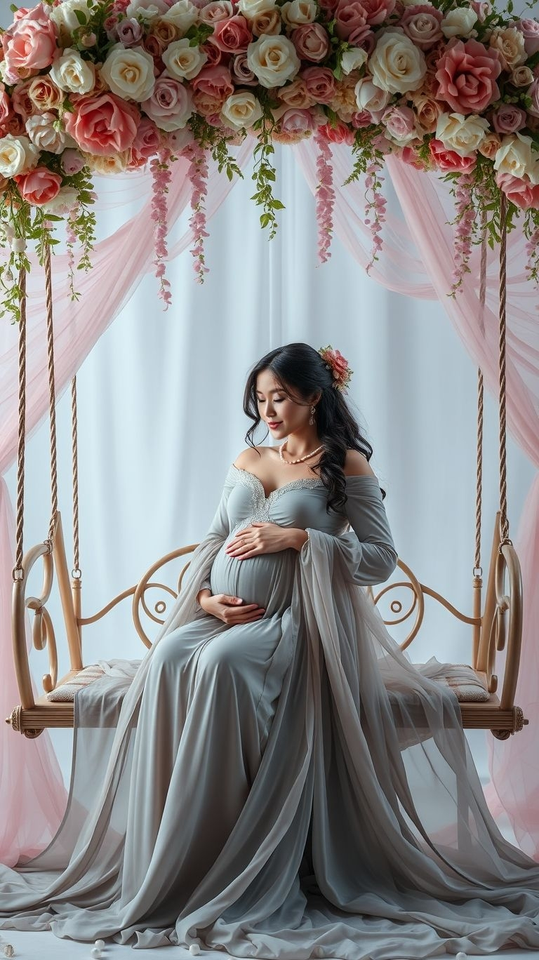 Say hello to timeless maternity photography! Sitting on a floral swing blends natural charm with your gorgeous pregnancy glow.