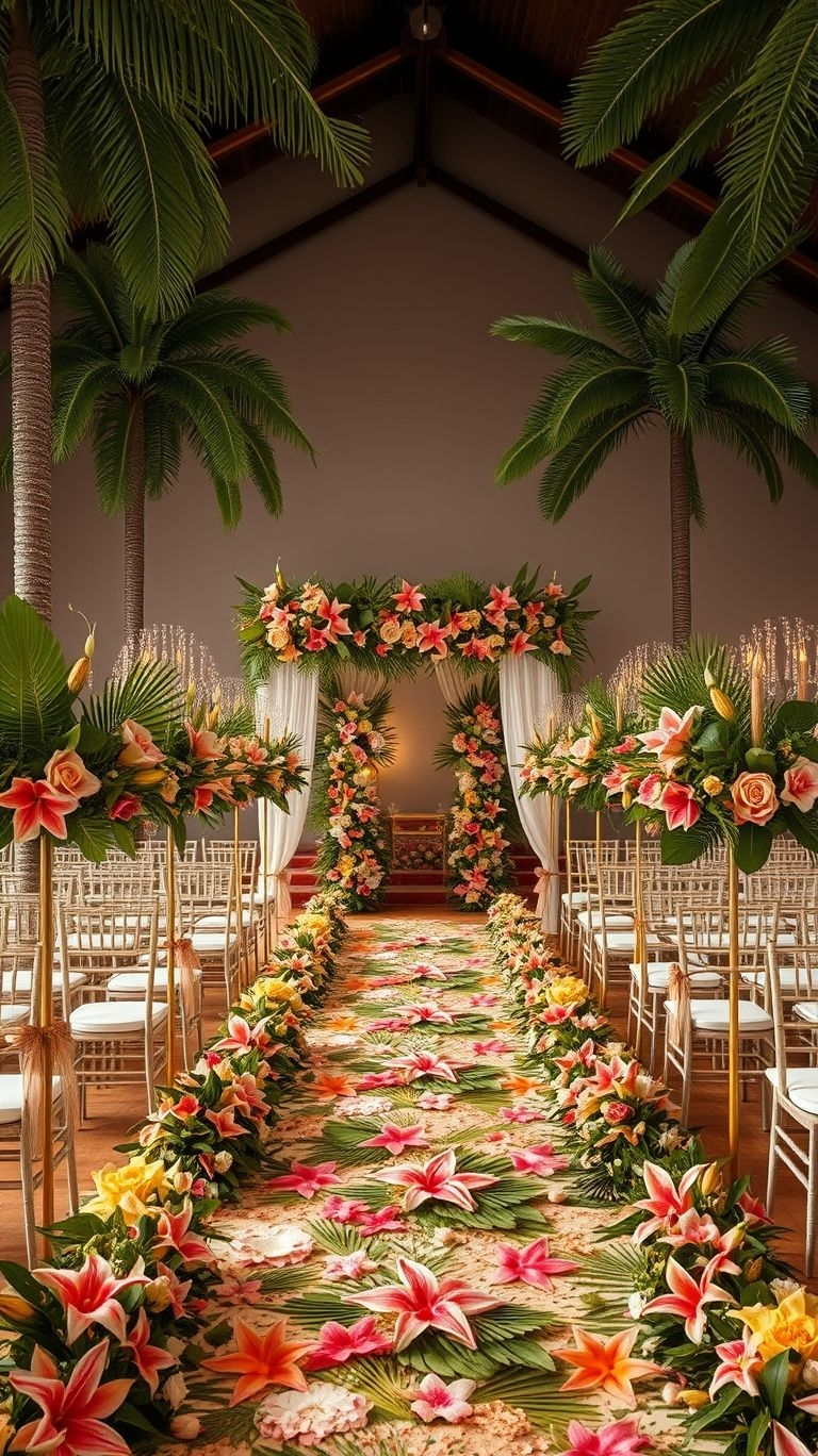A tropical floral aisle? Yes, please! Bright, bold blooms and cascading greenery make every step toward 'forever' picture-perfect.