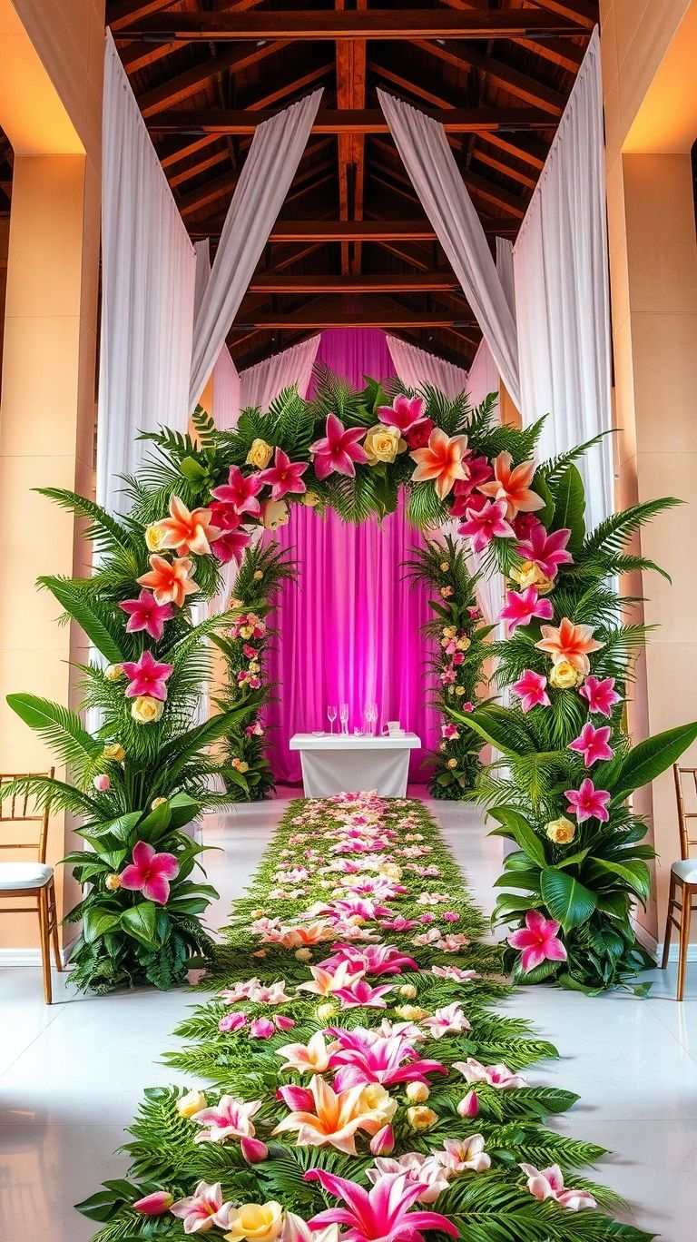 Turn your aisle into a lush escape! Tropical florals add beauty, depth, and a fresh island breeze to your dream ceremony.