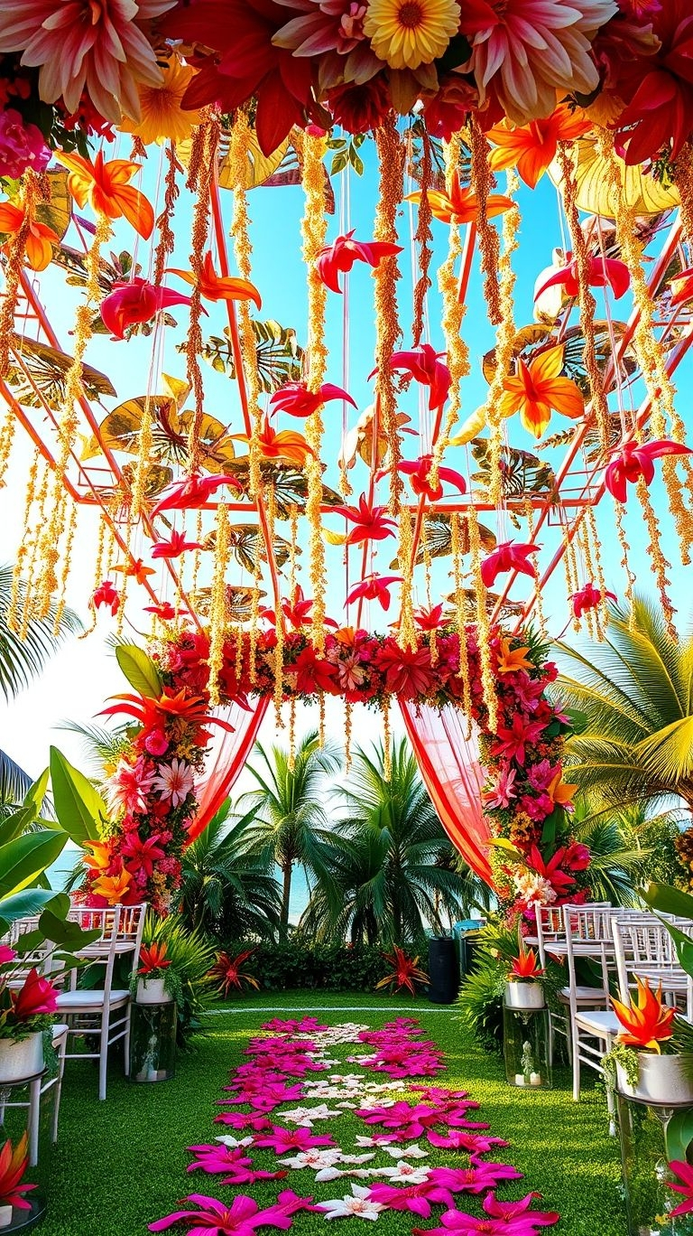 Exotic flowers, rich greenery, and pure romance—your wedding aisle deserves the full tropical treatment!