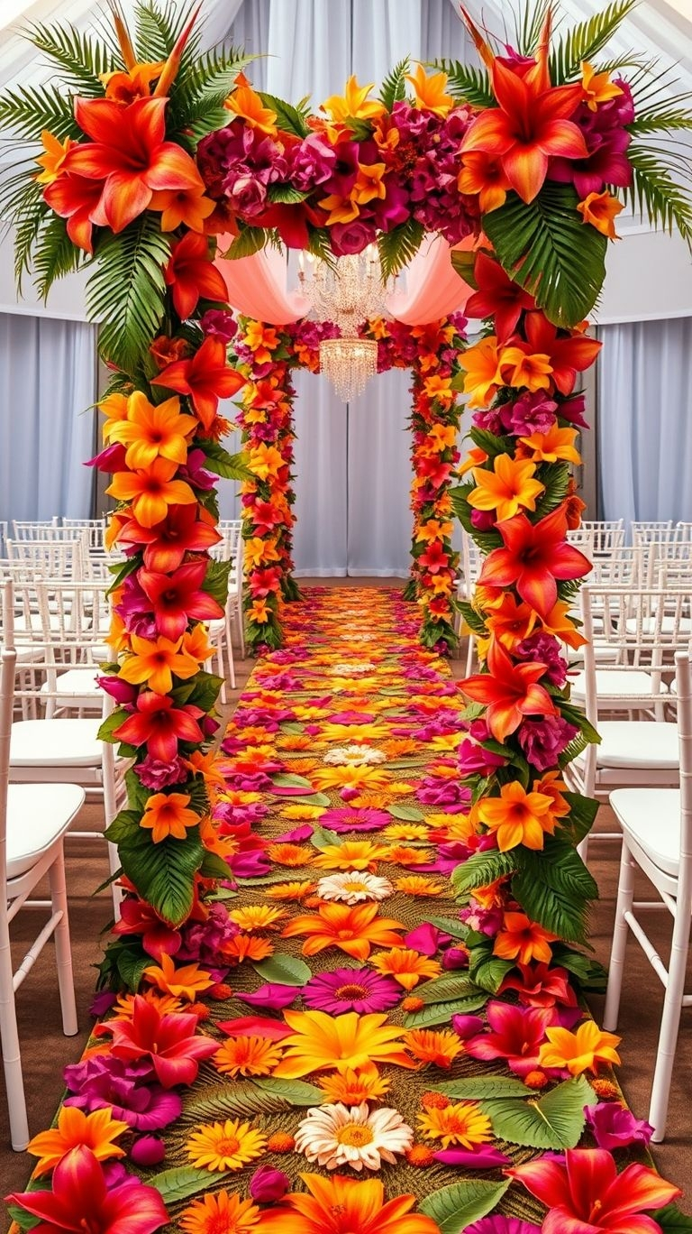 Aisle goals? Think fresh hibiscus, cascading orchids, and a walkway that looks straight out of a tropical dream!