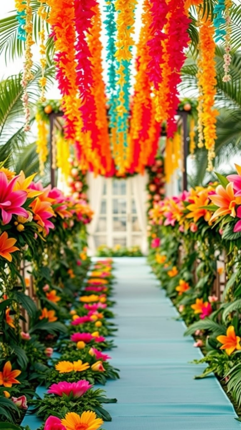 Walk into forever with a wedding aisle lined with bold tropical flowers! Every step is a celebration of love and color.