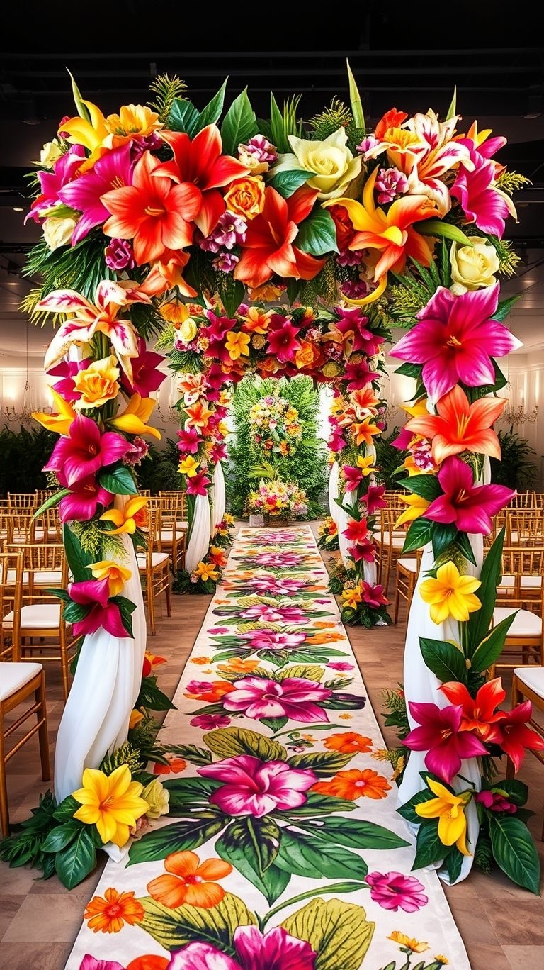 Trade the traditional for tropical! A floral aisle bursting with vibrant hues sets the tone for a celebration as bold as your love.