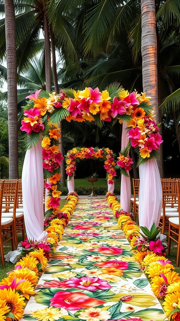 Gorgeous petals, lush greens, and an aisle that feels straight out of a beachside fairytale. Tropical florals make every step magical!