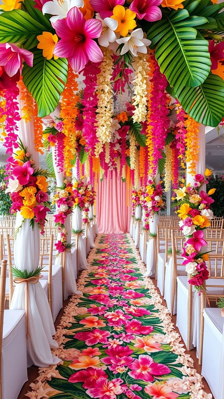 Why settle for basic when your aisle can bloom with tropical magic? Bold florals, flowing greenery, and pure wedding perfection!