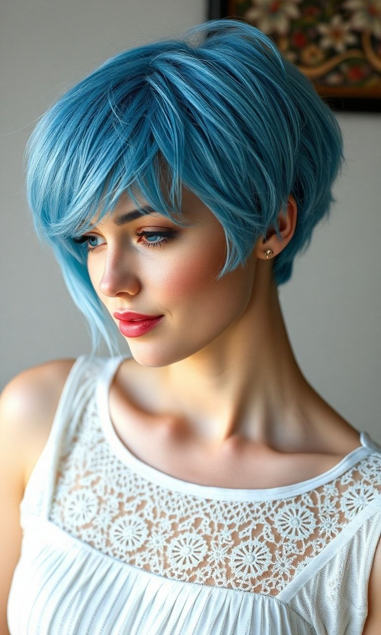 Go bold with short blue hair! Whether it's deep navy or electric turquoise, this trend is all about making a statement.