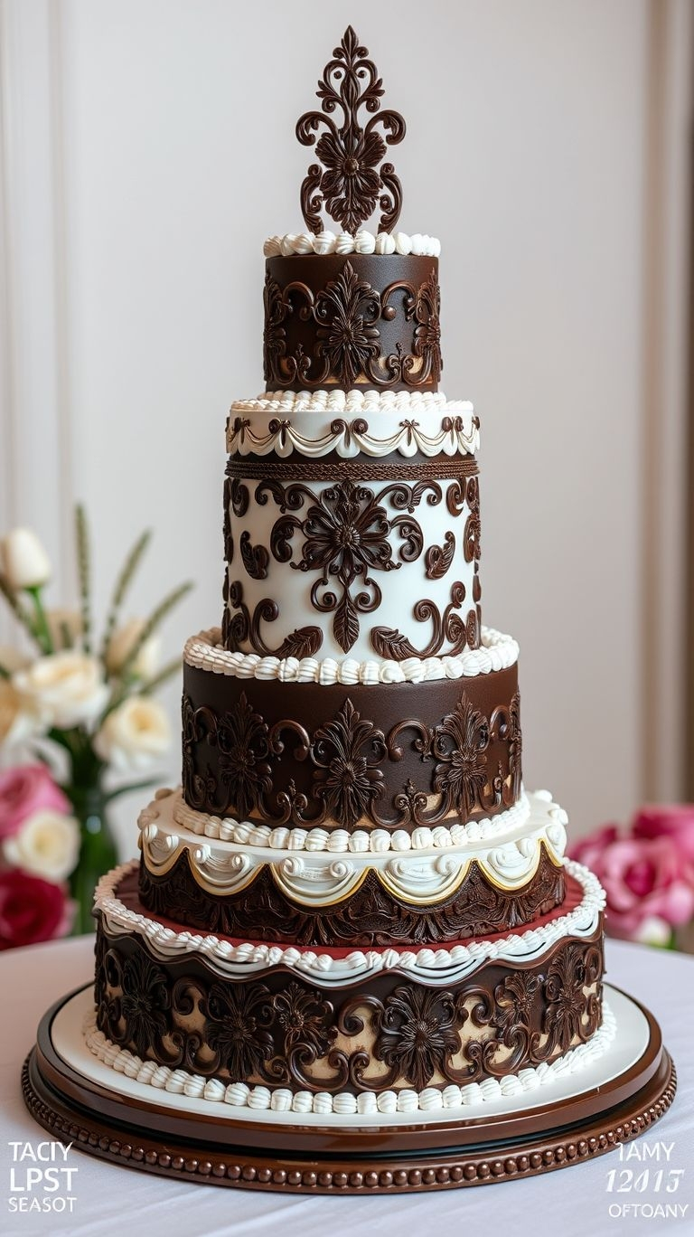 75+ Chocolate Wedding Cakes That Are Too Indulgent to Ignore | Pocoko A classic love story told in cake form—rich chocolate and velvety vanilla come together for a wedding dessert that’s as timeless as your vows!