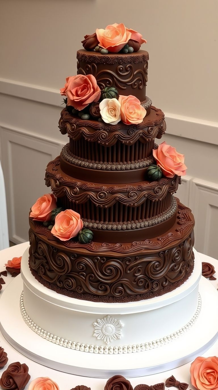 75+ Chocolate Wedding Cakes That Are Too Indulgent to Ignore | Pocoko Elegance meets indulgence in this chocolate and vanilla wedding cake! Because your love story deserves layers of deliciously sweet perfection.