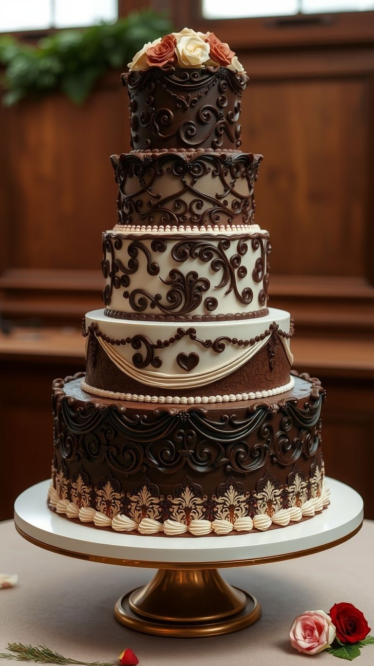 75+ Chocolate Wedding Cakes That Are Too Indulgent to Ignore | Pocoko Dreamy swirls of chocolate and vanilla make this wedding cake a feast for both the eyes and the taste buds!