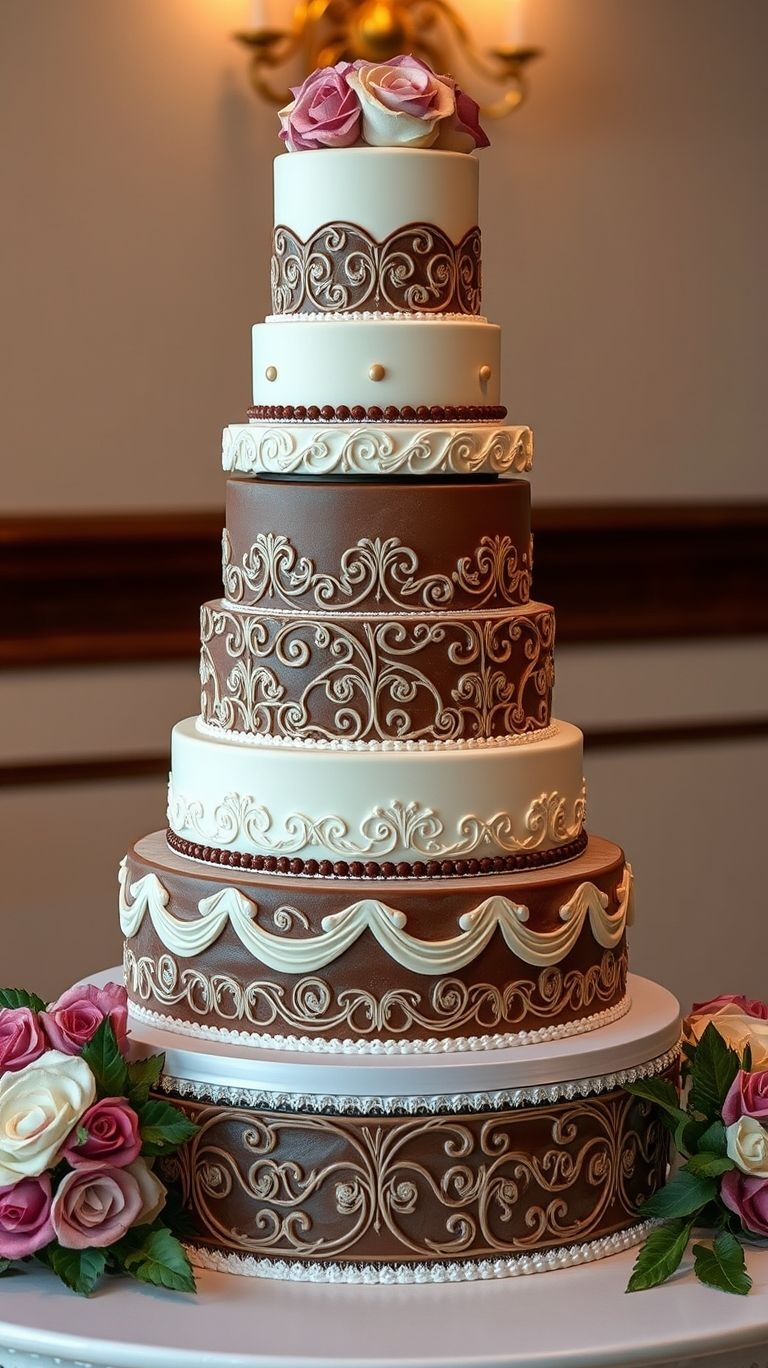 75+ Chocolate Wedding Cakes That Are Too Indulgent to Ignore | Pocoko Rich, creamy, and downright irresistible—a chocolate and vanilla wedding cake that’s guaranteed to steal the spotlight!