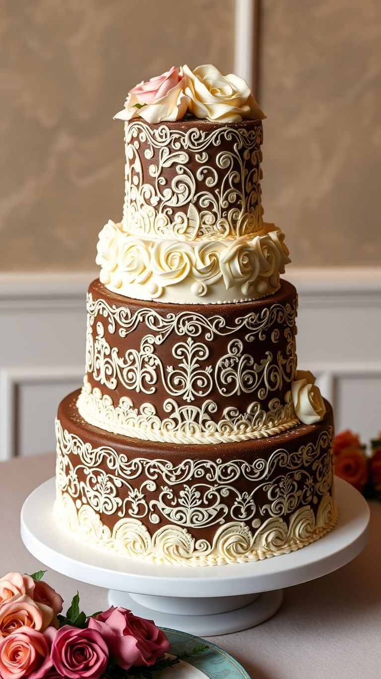 75+ Chocolate Wedding Cakes That Are Too Indulgent to Ignore | Pocoko A perfect blend of deep chocolate and sweet vanilla makes this wedding cake an elegant nod to romance and flavor harmony.