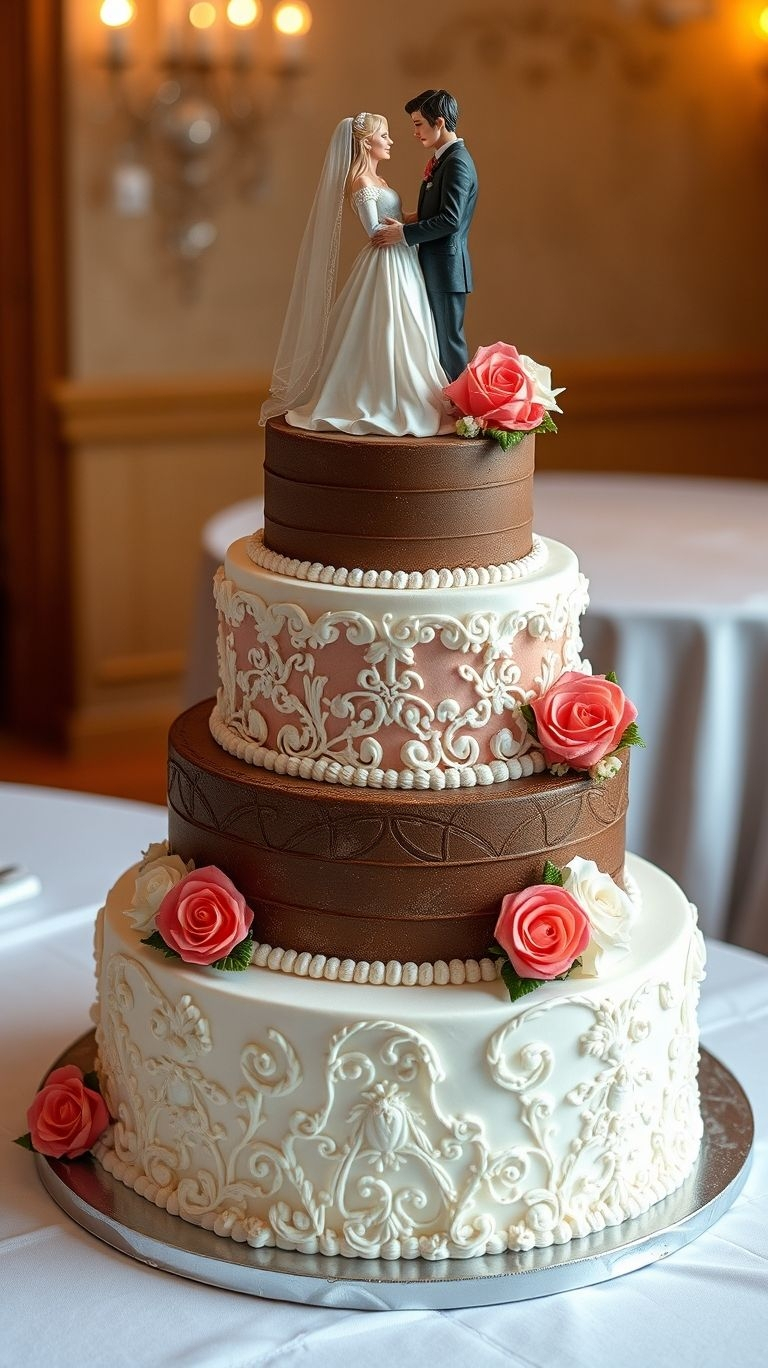 Love takes center stage—literally! A beautifully crafted couple on top makes this wedding cake extra special.