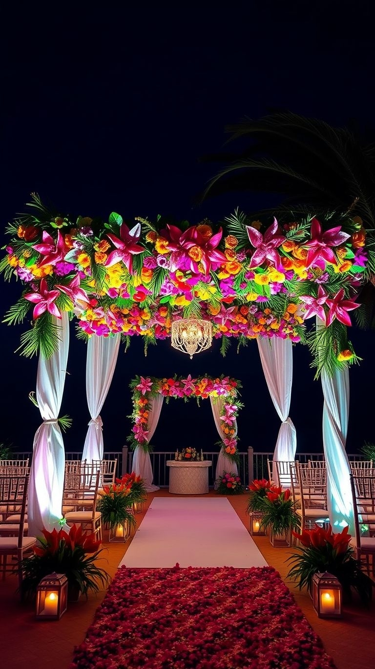Golden hour, tropical blooms, and an aisle made for magic—your evening wedding is pure paradise with lush greenery and candlelit romance.