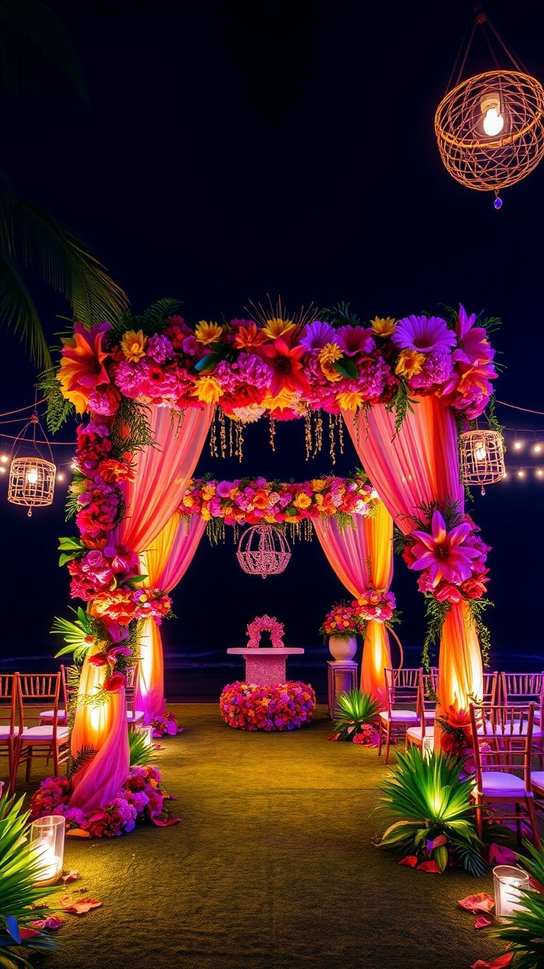 As the sun sets, your aisle comes to life—lush tropical florals, warm lighting, and pure wedding magic under the stars!
