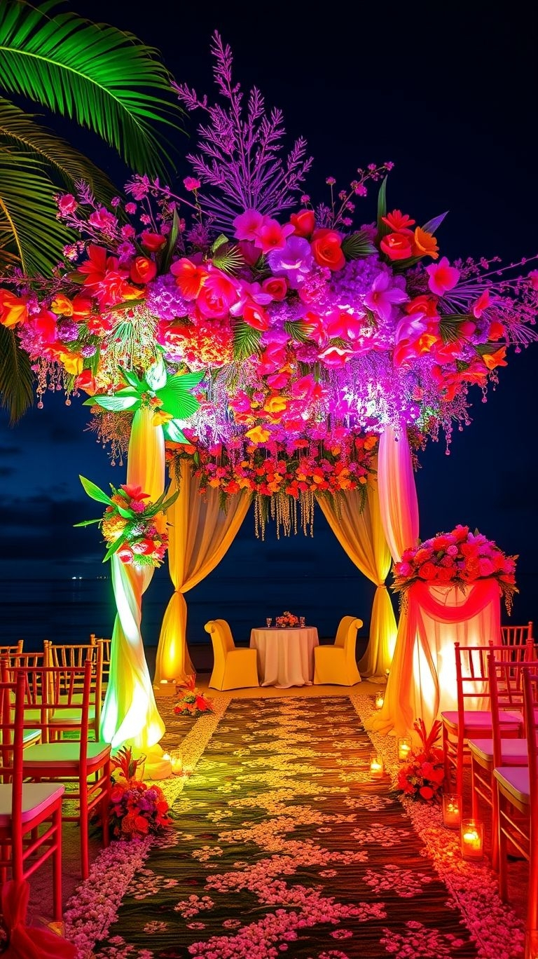 Under the stars with tropical florals lining your path—an evening wedding aisle that’s breathtaking, intimate, and straight out of a dream.