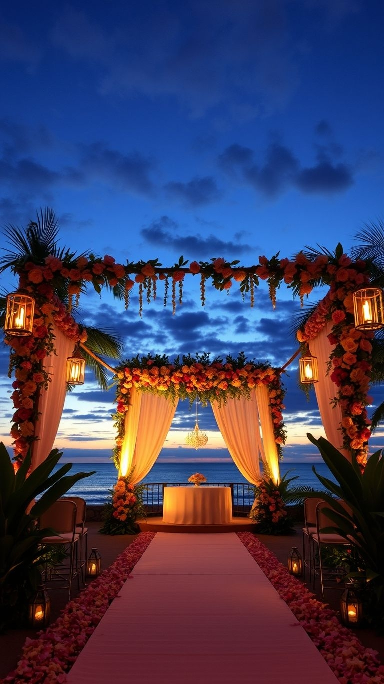 Imagine walking down a candlelit aisle surrounded by lush palms and exotic blooms—this is tropical wedding elegance at its finest!