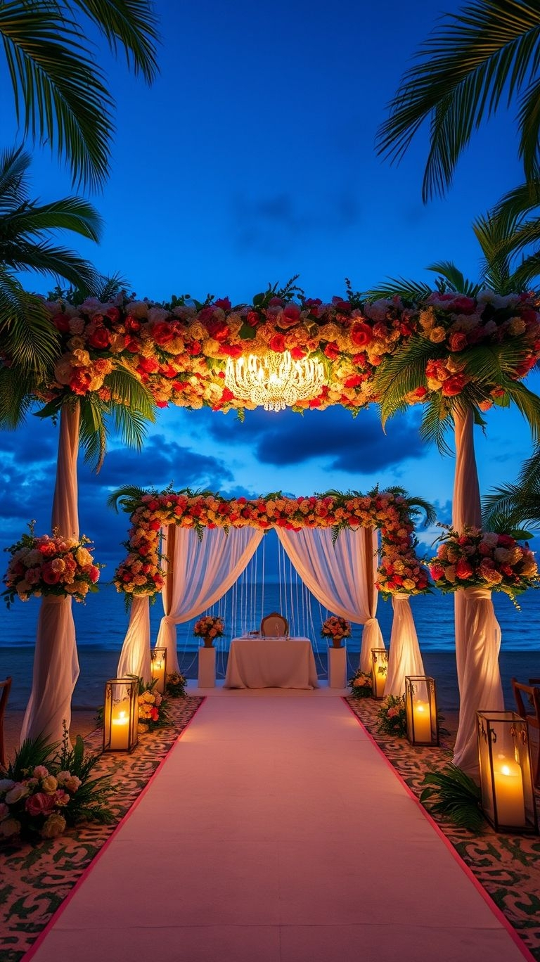 Tropical meets twilight in the most enchanting way! An evening wedding aisle filled with flickering lanterns and stunning florals is pure magic.