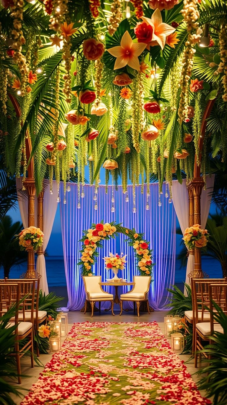 Soft glows, rich greenery, and sunset hues—your evening wedding aisle is transformed into a tropical paradise as night falls!