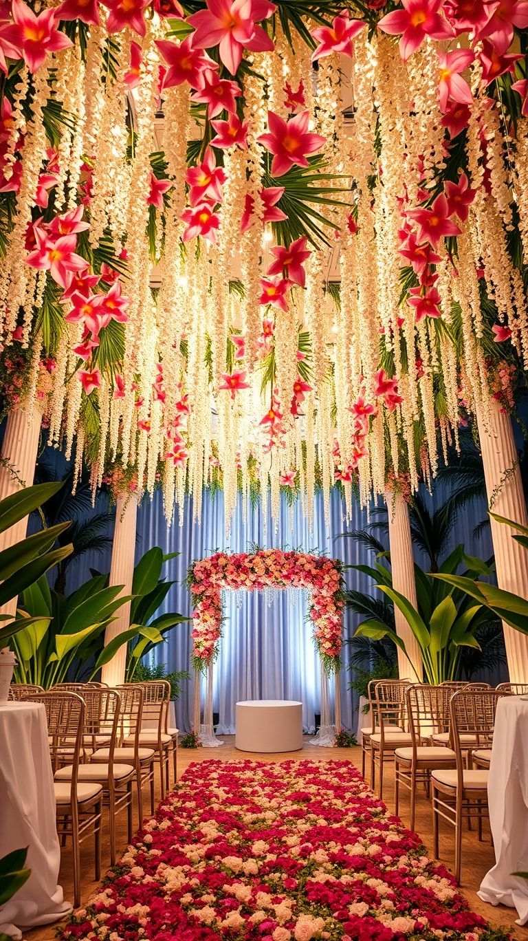 An aisle kissed by moonlight, framed with vibrant tropical florals—romantic, dramatic, and absolutely unforgettable.